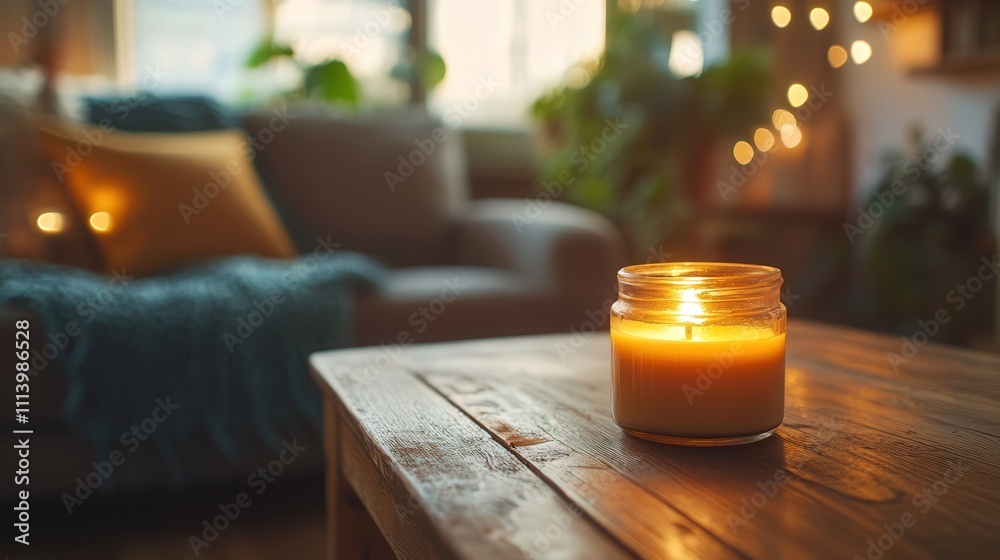 A rustic scented candle with hints of caramel and spiced apple, glowing softly on a wooden coffee table, creating a warm