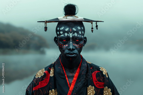 Generative AI Image of Mysterious Samurai Creature with Horned Mask in Serene Misty Landscape photo