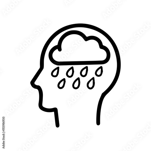 Line art illustration of a head with a cloud and rain. Symbolizes sadness, depression, anxiety, stress, and negative emotions. Perfect for mental health, psychology, and therapy concepts