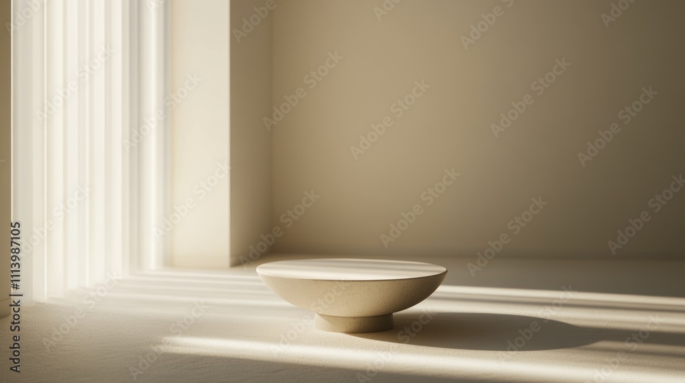 Minimalist Beige Bowl on Display Stand in Sunlight Minimalist Beige Bowl on Display Stand in Sunlight