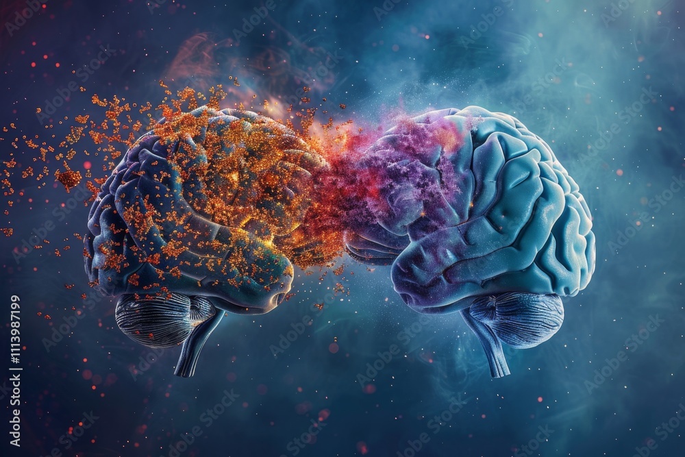 Obraz premium Two brains are prominently displayed, with one brain on fire, representing a clash of ideas or overwhelming emotions. Depiction of a healthy brain and one with Alzheimer's disease .