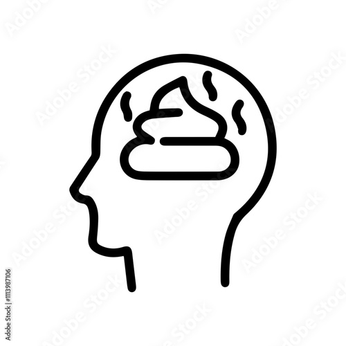 Line art illustration of a head with poop inside. Symbolizes stupidity, nonsense, foolishness, bad idea, humor, satire, sarcasm. Perfect for humor, satire, sarcasm concepts