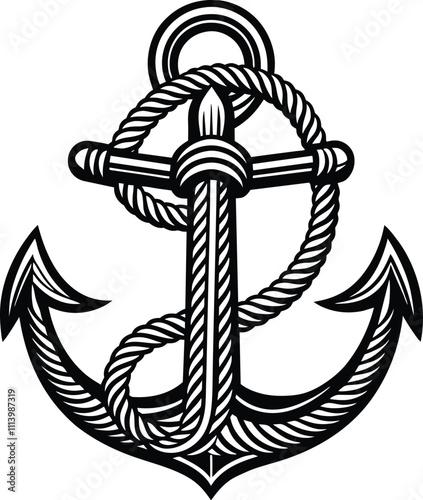 Nautical ship anchor with rope in vintage engraving style. Marine concept, seafaring symbol. Sketch vector illustration