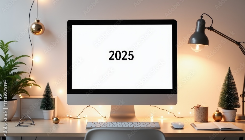 Fototapeta premium Cozy minimalist desk setup with computer displaying 2025