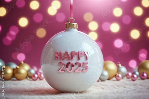 Festive white christmas ornament with pink happy 2025 message on fluffy surface photo