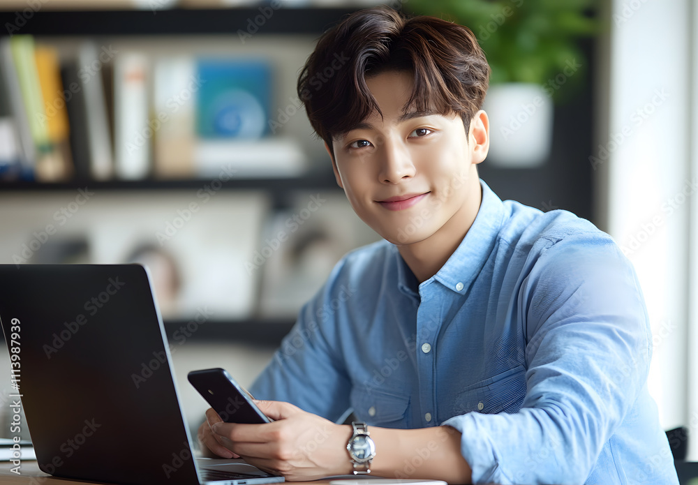 A smiling asia american man in a blue shirt is sitting at a table with a laptop and holding a phone A smiling asia american man in a blue shirt is sitting at a table with a laptop and holding a phone