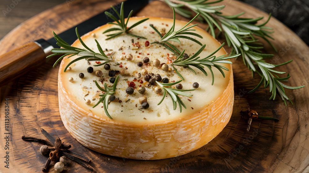 Round Cheese with Fresh Rosemary and Spices on a Wooden Cutting Board, Ideal for Gourmet Cheese Lovers and Food Enthusiasts Round Cheese with Fresh Rosemary and Spices on a Wooden Cutting Board, Ideal for Gourmet Cheese Lovers and Food Enthusiasts