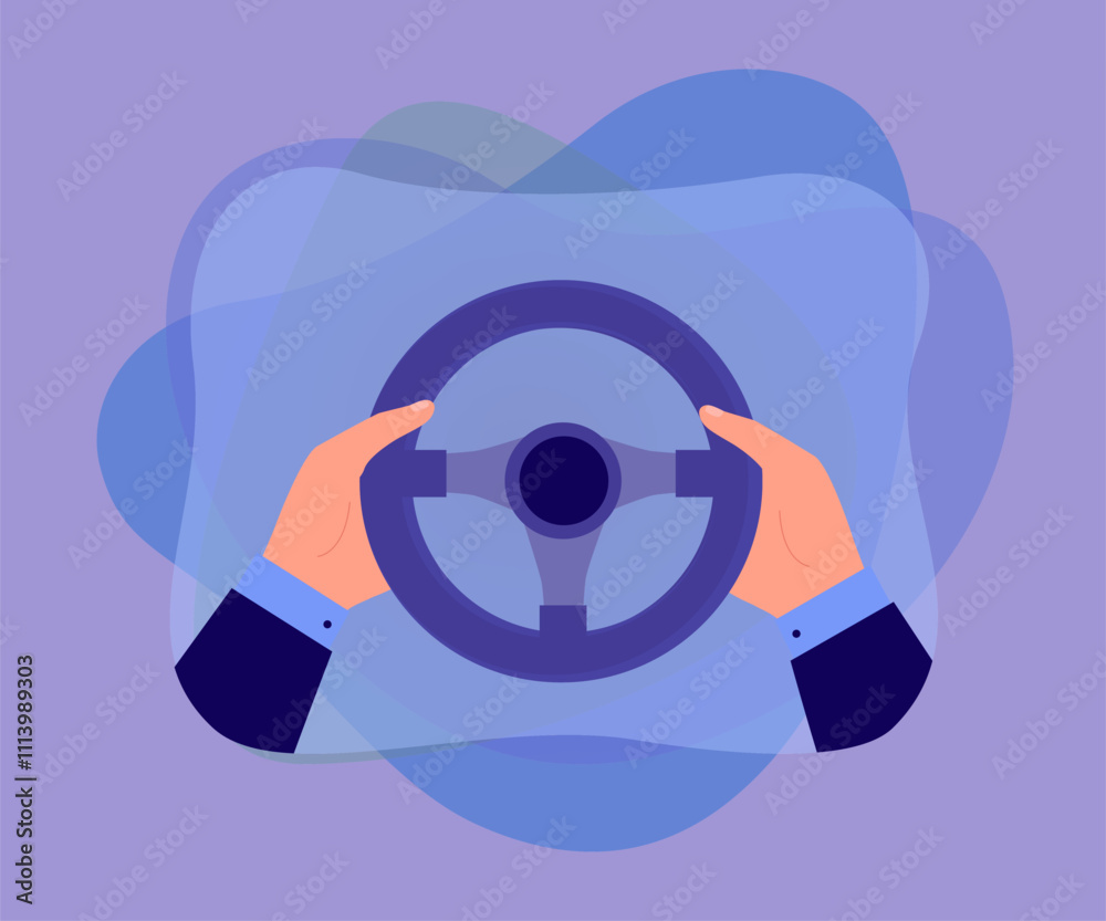 Businessmans hands holding steering wheel of car. Male driver driving automobile on highway flat vector illustration. Test drive, school concept for banner, website design or landing web page