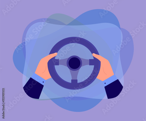 Obraz na płótnie Businessmans hands holding steering wheel of car. Male driver driving automobile on highway flat vector illustration. Test drive, school concept for banner, website design or landing web page w salonie