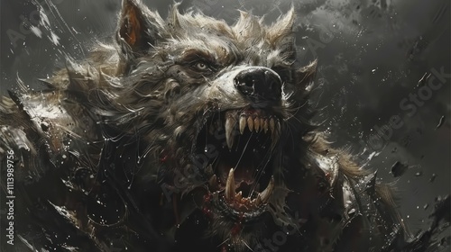 A ferocious wolf snarls with bared teeth, showcasing powerful jaws and intense eyes, set against a dramatic, stormy backdrop.