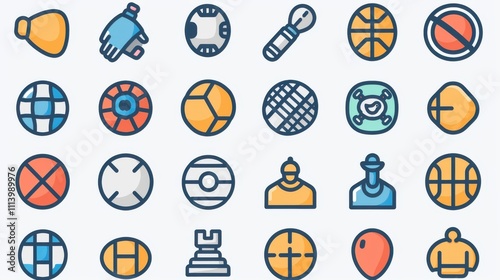 Collection of sports icons in an editable vector format, featuring football, cricket, golf, tennis, swimming, and chess, with modern line designs