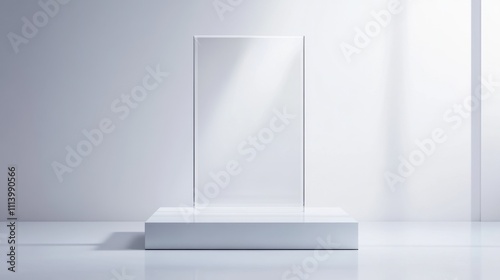 A minimalist display featuring a clear glass panel on a white pedestal, set against a bright, uncluttered background.