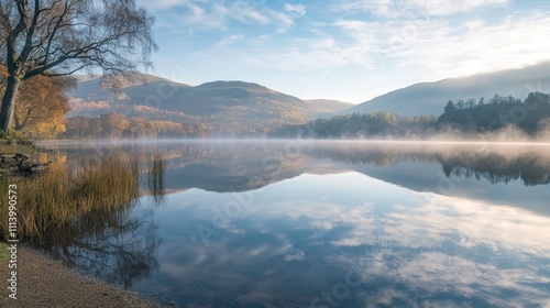 A serene photograph of a quiet lake at dawn, with mist rising from the surface and the surrounding mountains reflected perfectly in the still water,