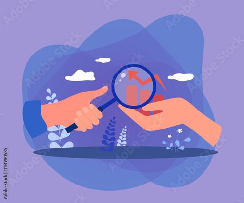 Hand of businessman studying statistics with magnifying glass. Hand holding business chart flat vector illustration. Marketing, business growth or development concept for banner or landing page