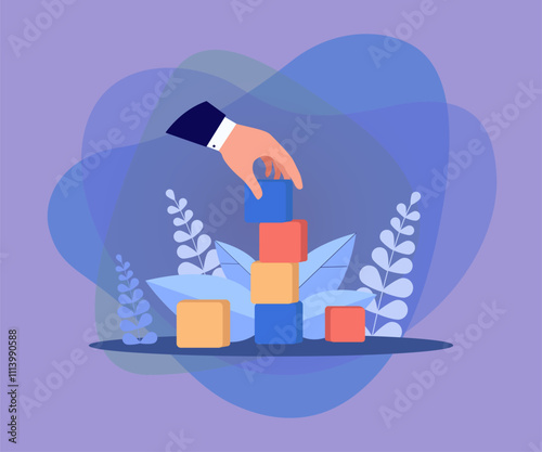 Hand of businessman stacking cubes. Person balancing geometric shapes flat vector illustration. Balance, management, risk, success concept for banner, website design or landing web page