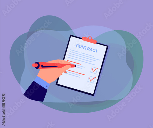 Hand of person signing business contact. Character writing on document or sheet of paper with pen flat vector illustration. Agreement, paperwork concept for banner, website design or landing web page