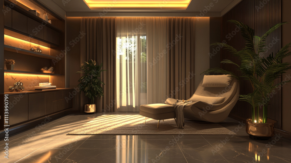 3D rendering of a beautifully decorated living room in a minimal and cozy style. The design features a single elegant armchair positioned thoughtfully next to a lush green plant, creating a harmoniou 3D rendering of a beautifully decorated living room in a minimal and cozy style. The design features a single elegant armchair positioned thoughtfully next to a lush green plant, creating a harmoniou