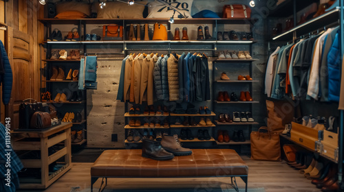 Stylish Clothes with Shoes and Accessories in Boutique: A boutique display featuring stylish clothes, shoes, and accessories, highlighting fashion and retail.