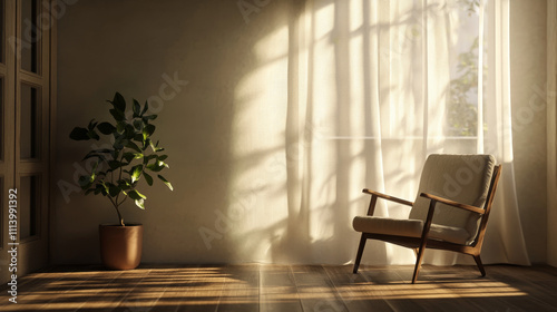  3D rendering of a beautifully decorated living room in a minimal and cozy style. The design features a single elegant armchair positioned thoughtfully next to a lush green plant, creating a harmoniou