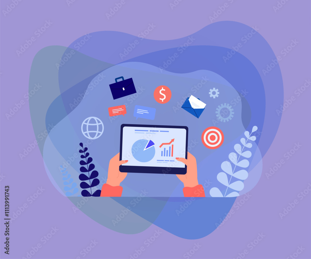 Hands holding tablet with business plan or statistics on screen. Time or money management, budget planning flat vector illustration. Strategy, success concept for banner or landing web page