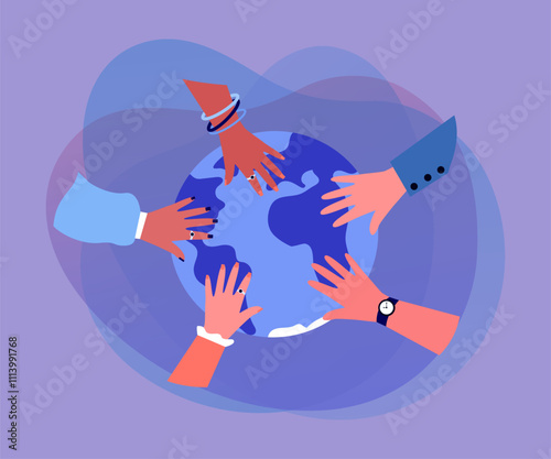 Hands of diverse people on globe. Team of multicultural persons cooperating together flat vector illustration. Teamwork, support, partnership, trust concept for banner, website design or landing page