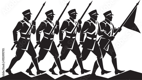 Ceremonial march and military parade - soldiers are walking in the line. Discipline and unification in organized army. Vector illustration
