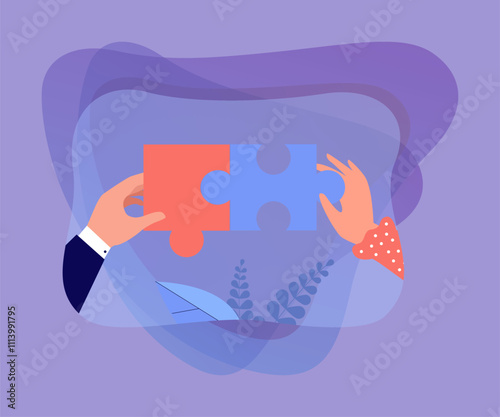 Hands of man and woman connecting puzzle pieces. Two people building relationship flat vector illustration. Togetherness, partnership, love concept for banner, website design or landing web page