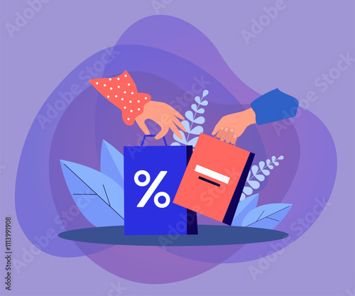 Hands holding shopping bags with sale symbol. Special offer in shop or store, discount or gift flat vector illustration. Delivery, online shopping concept for banner, website design or landing page