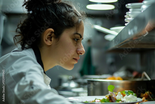 Generative AI Image of Smiling Professional Female Chef in Restaurant Kitchen photo