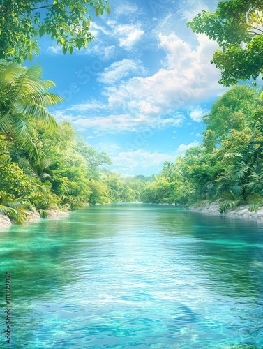 Pollution-free river surrounded by thriving wildlife, eco-focused success, 3D illustration