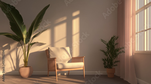  3D rendering of a beautifully decorated living room in a minimal and cozy style. The design features a single elegant armchair positioned thoughtfully next to a lush green plant, creating a harmoniou
