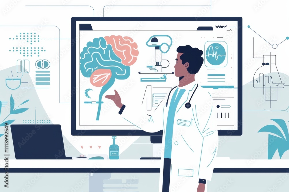 A doctor stands before a computer screen displaying a detailed brain diagram, engaged in analysis or discussion. Doctor using an AI based diagnostic tool . A doctor stands before a computer screen displaying a detailed brain diagram, engaged in analysis or discussion. Doctor using an AI based diagnostic tool .