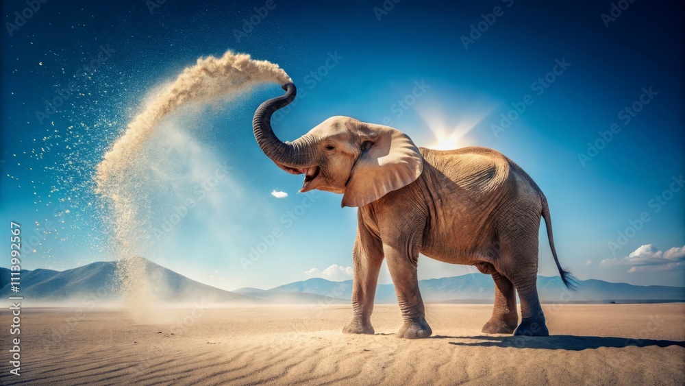 Fototapeta premium Young Elephant Tosses Sand into the Air on a Sunny Day, Creating a Sparkling Display Under a Clear Blue Sky with Distant Hills in the Background
