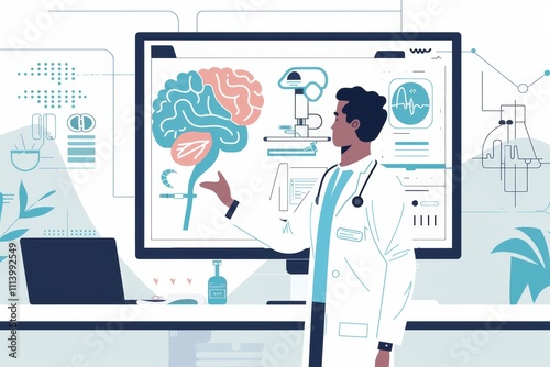 A doctor stands before a computer screen displaying a detailed brain diagram, engaged in analysis or discussion. Doctor using an AI based diagnostic tool .