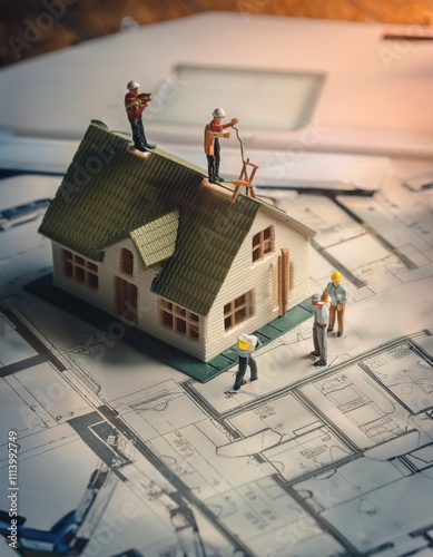 building house on blueprints with miniature workers - construction project 