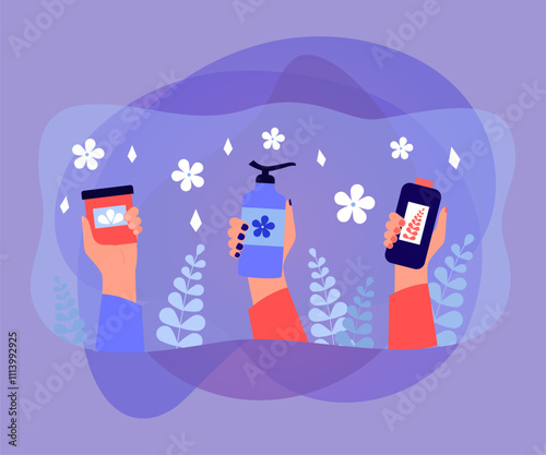 Hands of women holding skin care products. Bottles with serum, lotion, cream flat vector illustration. Cosmetics, beauty, treatment concept for banner, website design or landing web page
