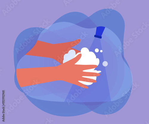 Poster with person washing hands with soap and water in sink. Hands cleaning instruction template flat vector illustration. Hygiene, coronavirus, safety concept for banner or landing web page