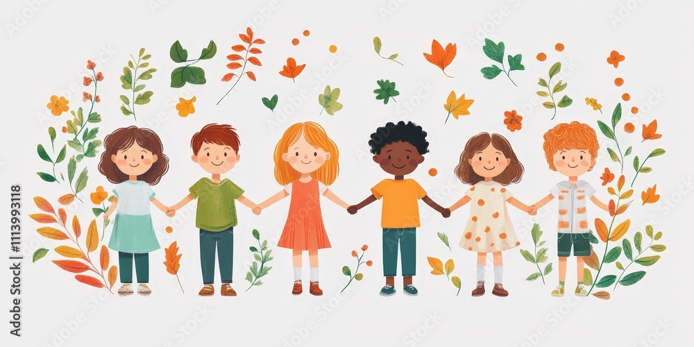 Illustration of Children Holding Hands in Unity and Comfort Illustration of Children Holding Hands in Unity and Comfort