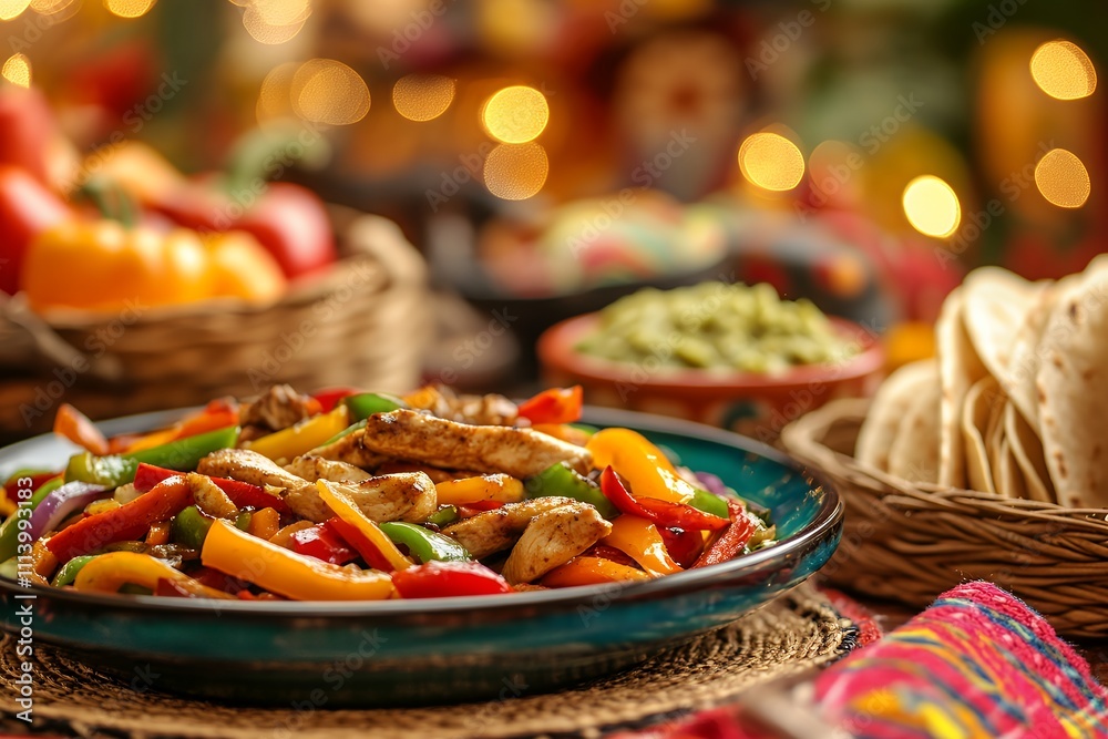 Fototapeta premium カラフルな野菜と鶏肉のファヒータ、トルティーヤとワカモレ付きのメキシカンディナー | Colorful vegetable and chicken fajitas with tortillas and guacamole
