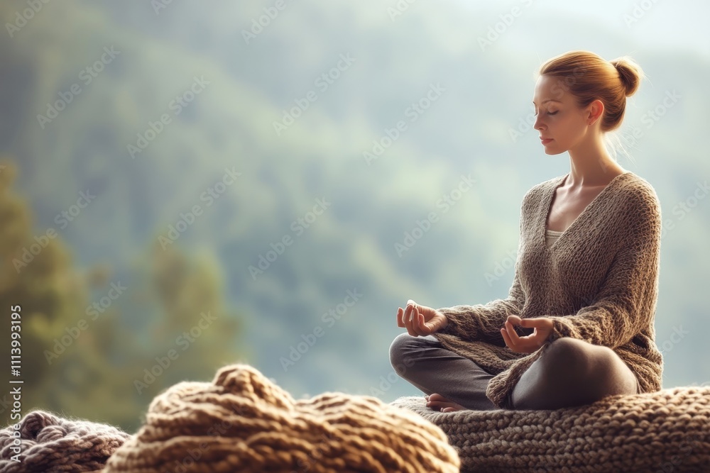 Woman meditating peacefully outdoors in a serene natural setting during golden hour Woman meditating peacefully outdoors in a serene natural setting during golden hour