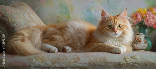 A long-haired cat lounges gracefully on a sofa, its head tilted in a curious pose, set against the rich, textured background of an elegant oil painting. photo