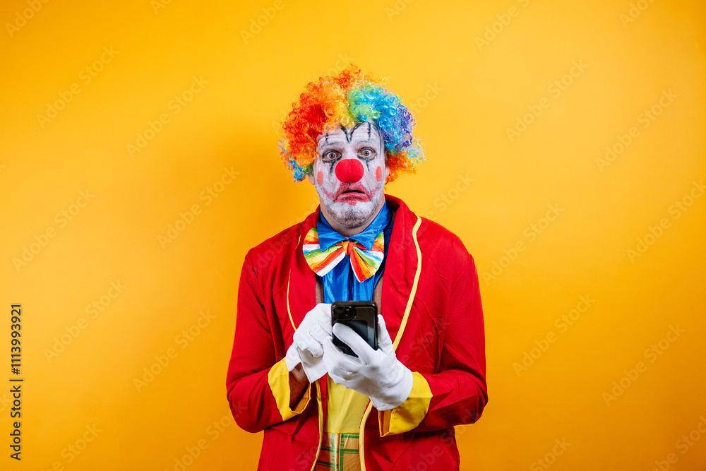 Happy clown uses smartphone, vibrant yellow background. Happy clown uses smartphone, vibrant yellow background.