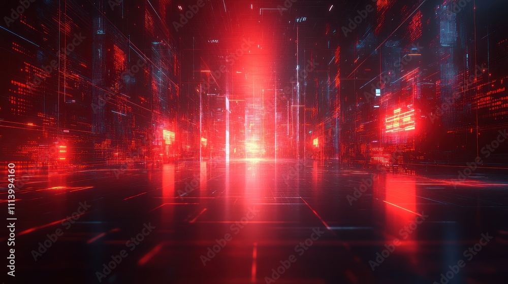 Obraz premium A futuristic digital environment with glowing red lights and abstract data patterns.