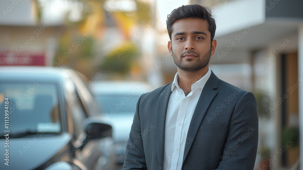 man in a dark suit and light shirt stands outdoors. Cars are blurred in the background man in a dark suit and light shirt stands outdoors. Cars are blurred in the background