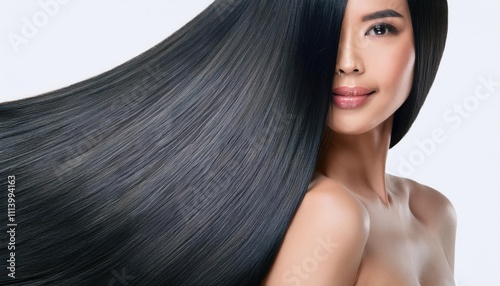 Beautiful woman model with long black silky shining hair for hair products advertising