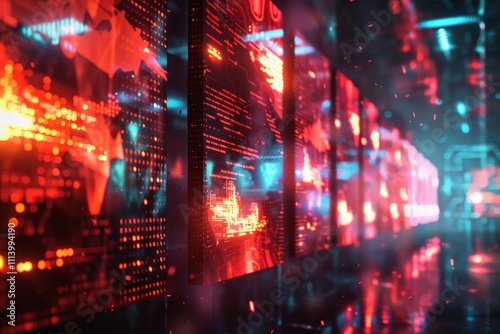 Dynamic art displaying several firewalls warding off threats , A computer screen illuminated by vibrant red and blue lights, creating a striking visual effect.