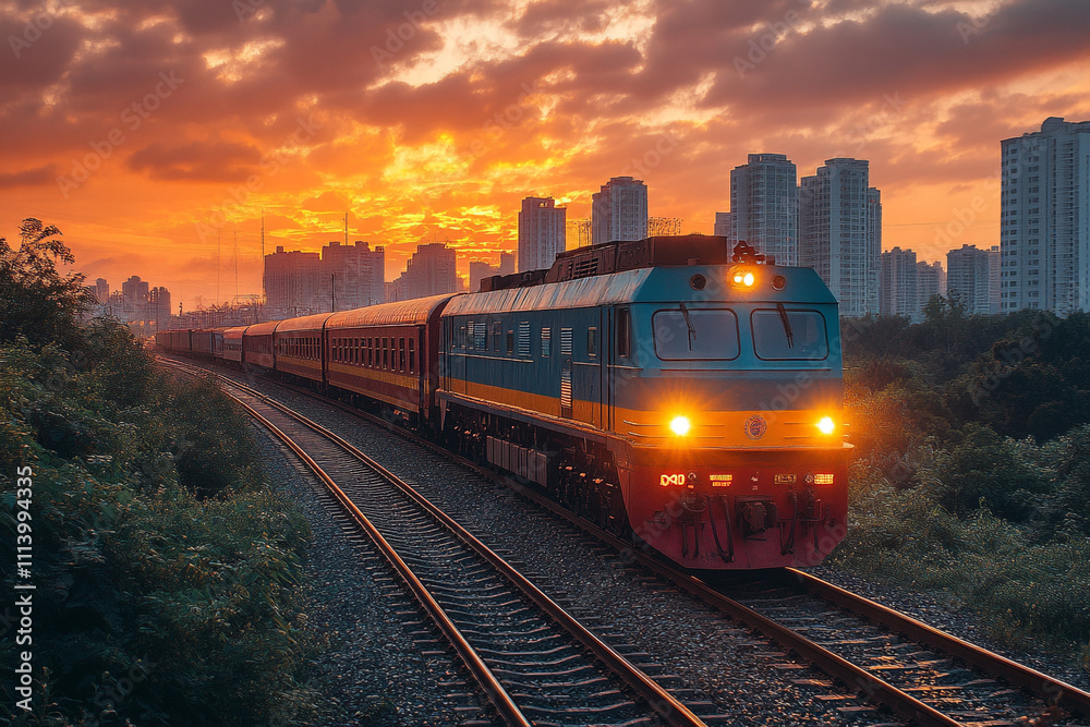 Fototapeta premium Sunset Train Journey Through Urban Landscape