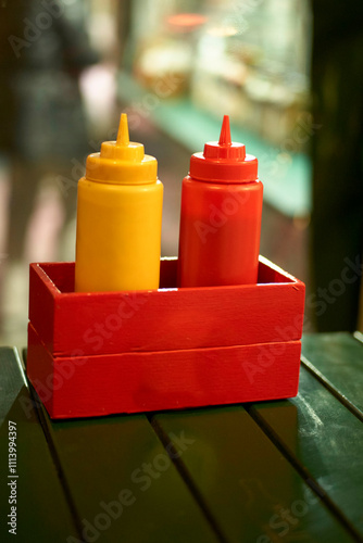 Red and yellow condiment dispensers in a holder on a wooden table with a blurred background, Vienna, Austria