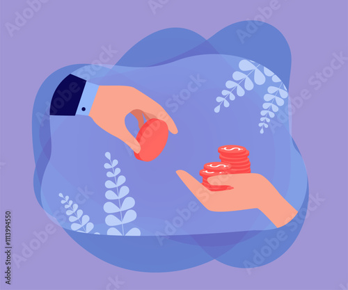 Businesswoman giving bitcoin to hand holding out dollar coins. Investment of person in cryptocurrency flat vector illustration. Digital money concept for banner, website design or landing web page