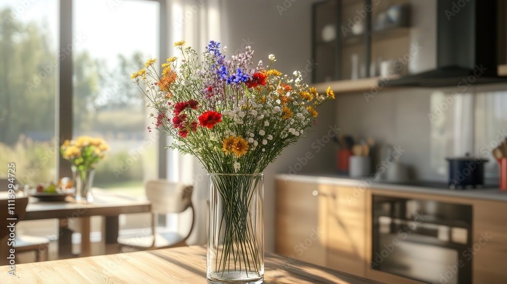 A sleek, tall glass flower vase filled with a variety of bright wildflowers, A sleek, tall glass flower vase filled with a variety of bright wildflowers,